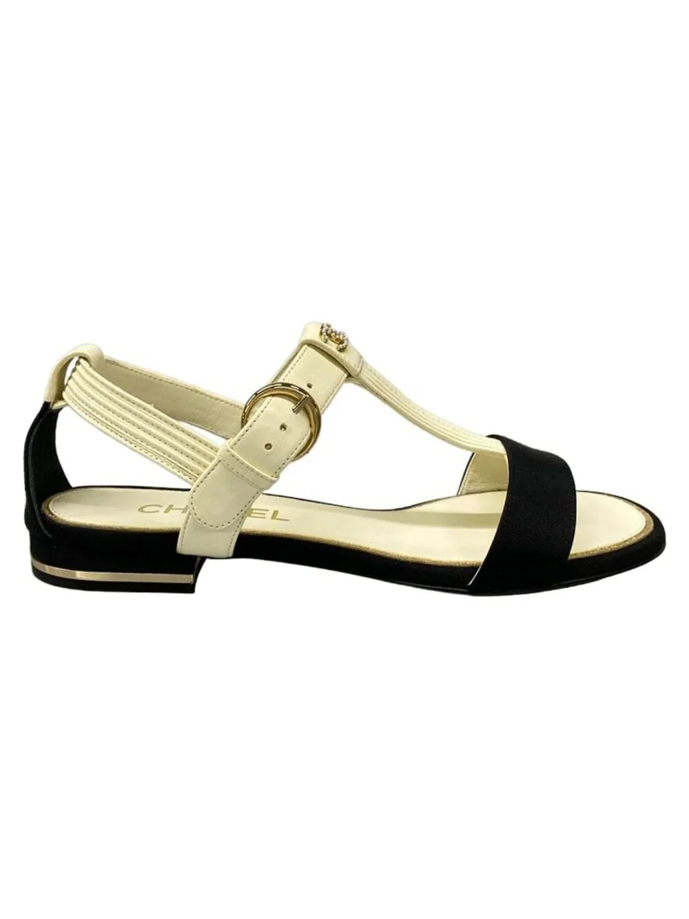Chanel Sandals Ivory Black CC Logo Gold Pearl Leather